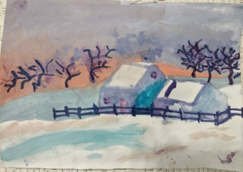 17 июня на онлайн-занятии в АРТ-СТУДИИ "РЯБА" рисовали акварелью нежный зимний пейзаж. Цветовая гамма ограничена, все выглядит почти монохромно